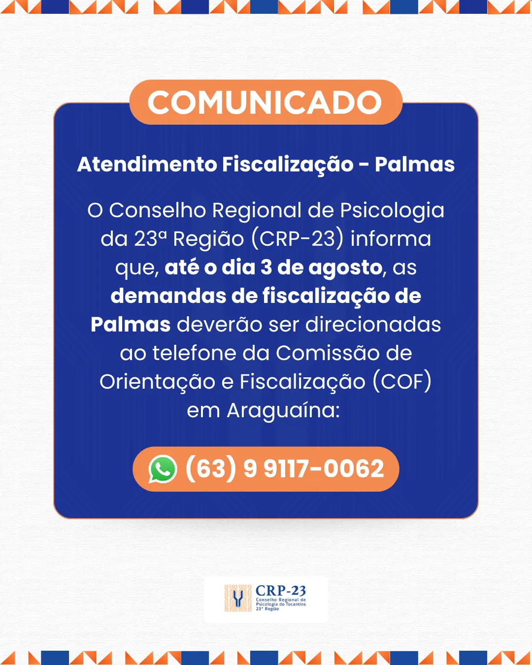 Comunicado Atendimento Fiscalização Palmas