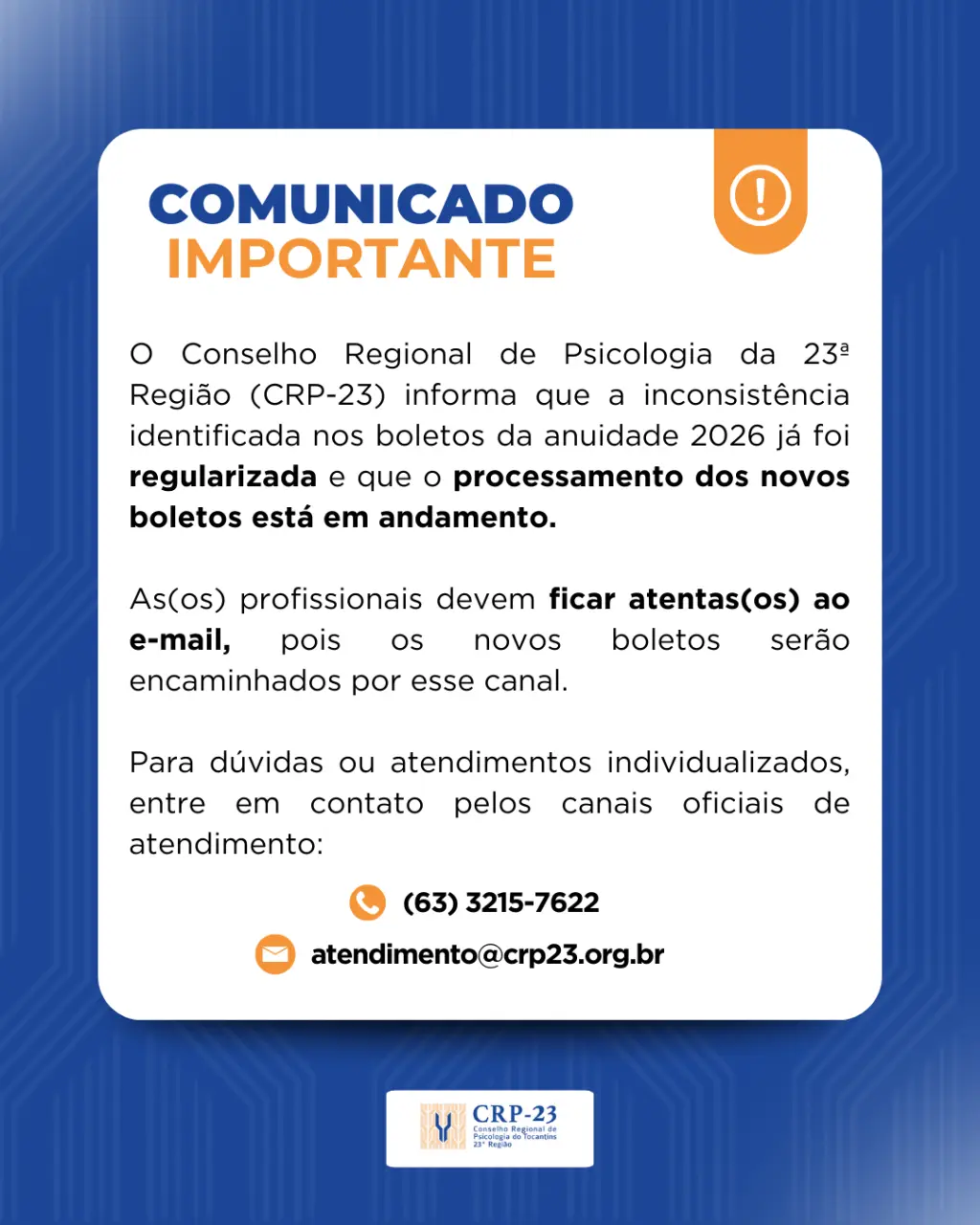 Comunicado importante - Anuidade 2026
