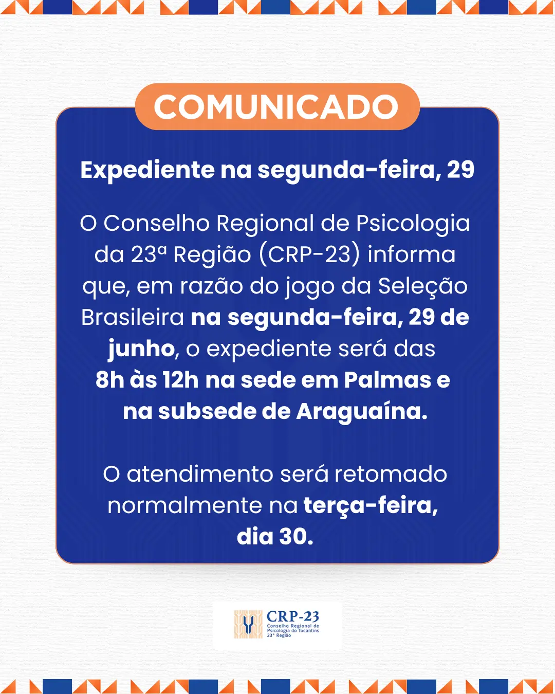 Expediente na segunda-feira, 29